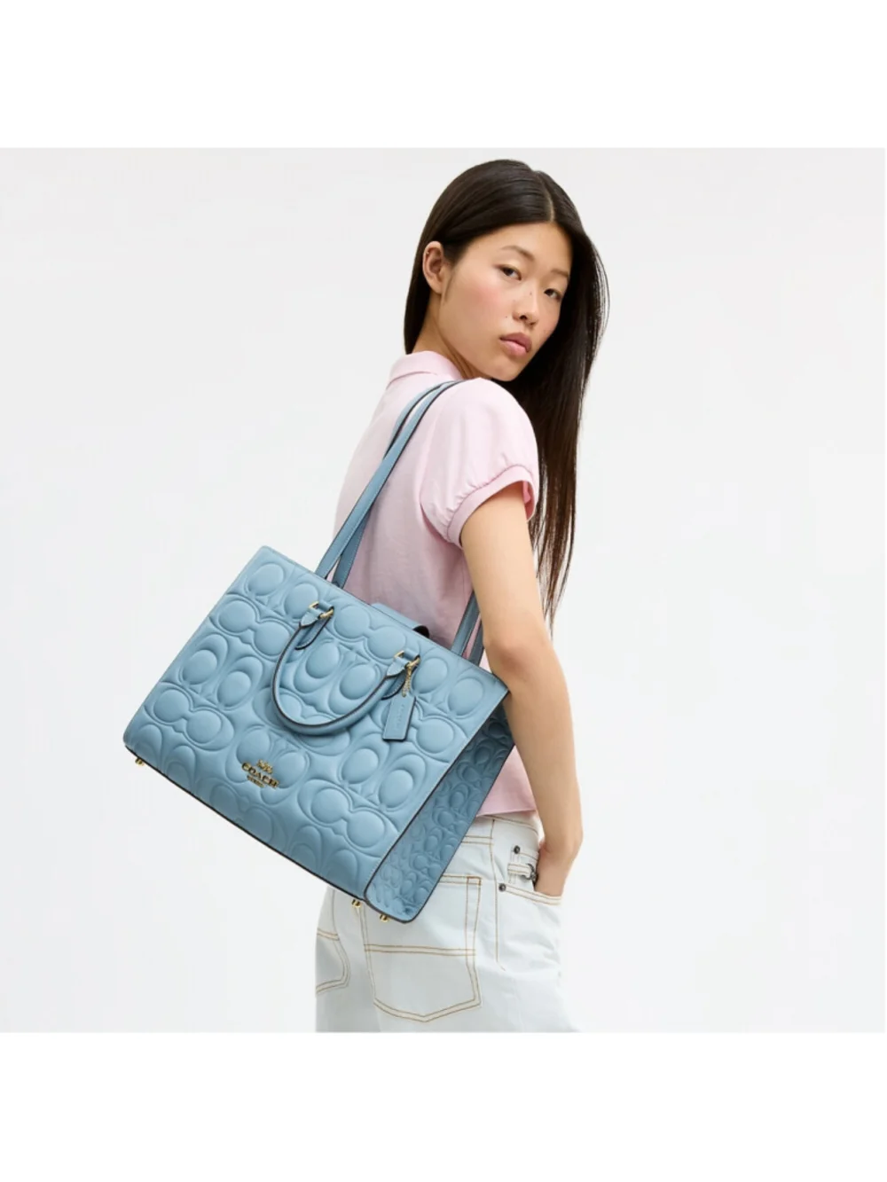 NEW Coach Maggie Tote Bag Azure Blue Signature Leather + wallet + wristlet NWT
